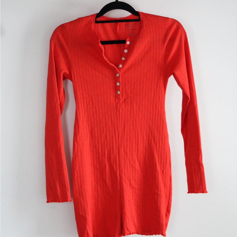 American Eagle Red Long Sleeve Henley Dress